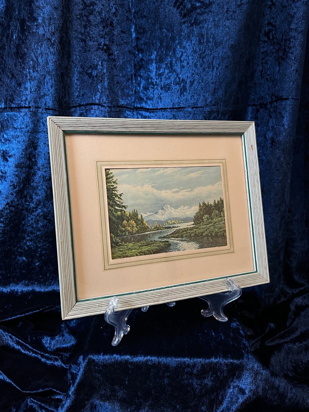 Vintage Wood Framed Landscape Print - Mountain River Scene Wall Art